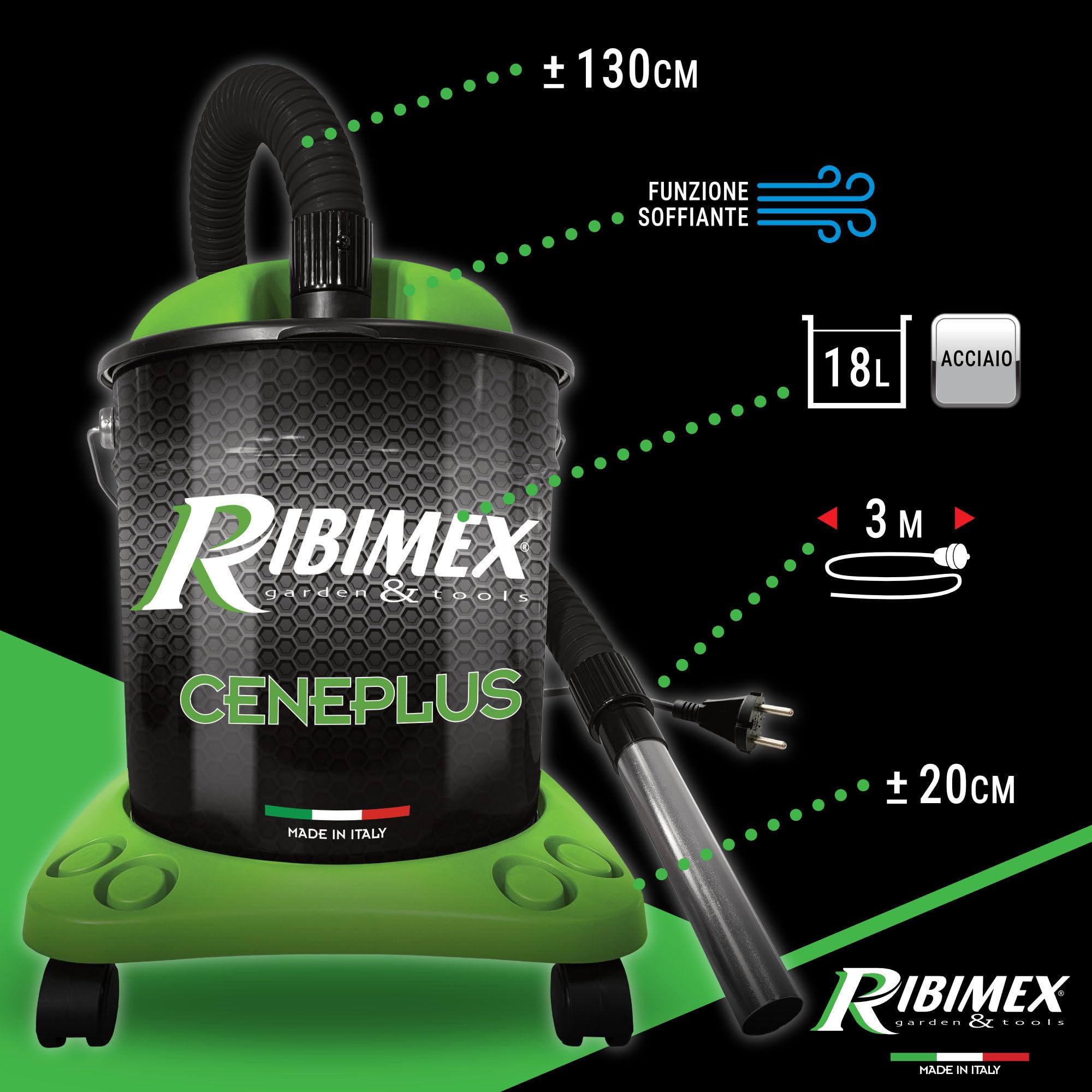 Ribimex Aspiracenere Elettrico Ceneplus, con Filtro HEPA Lavabile e Funzione Soffiante, Potenza 950 W, Bidone da 18 L, Ideale per Aspirare Ceneri Fredde da Stufe, Caminetti e Barbecue - PRCEN006