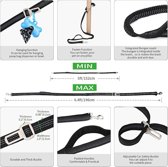 Dual 4-in-1 Waist Leash for Dog Walking | Hands Free Running Leash for Medium Large Dog that Pull | Training,Hiking,Jogging,Camping,Travel