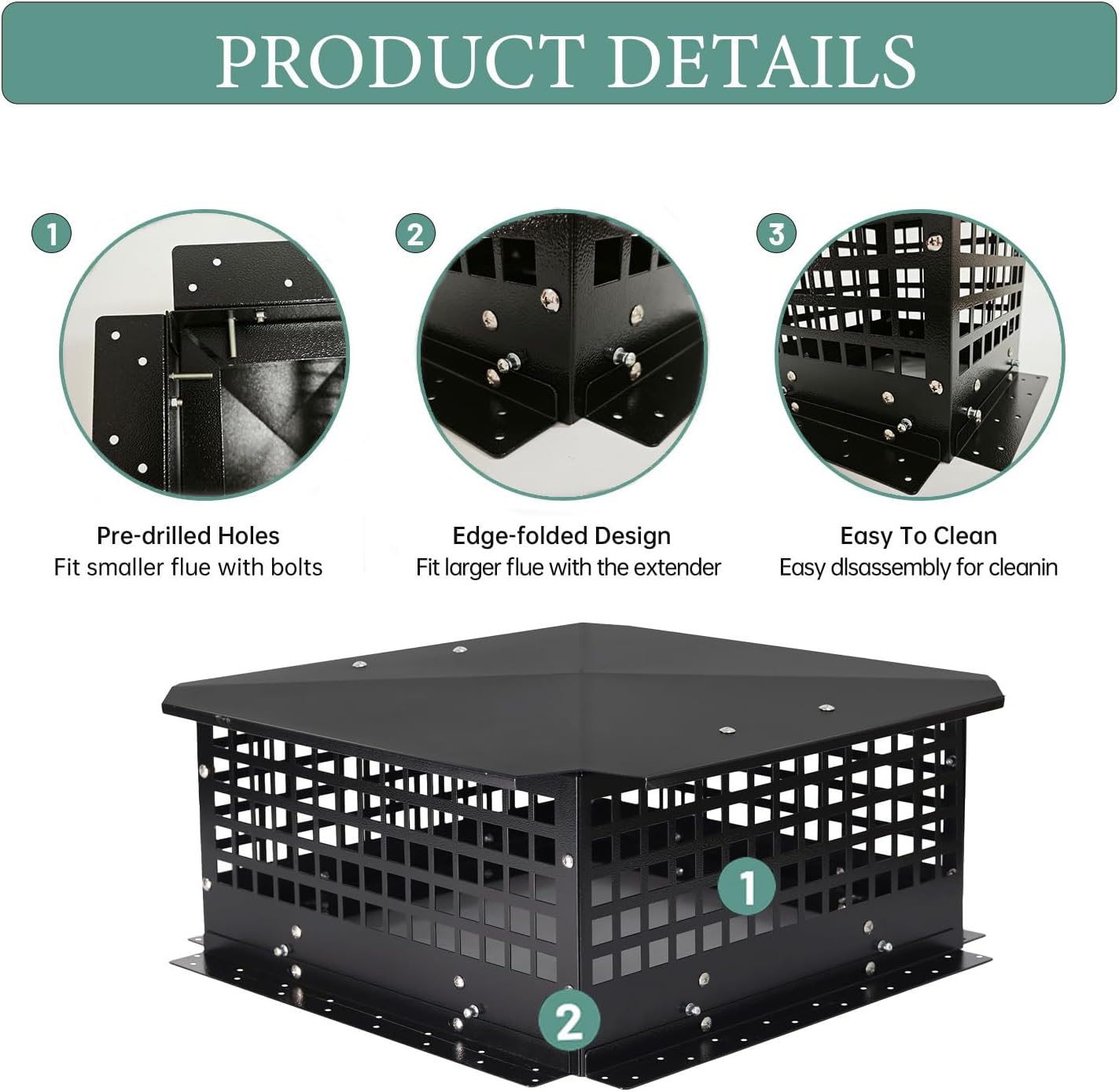 Chimney Cap, Chimney Cover Fireplace Chimney Flue Caps, Adjustable Metal Strips with Bolts Screws Black