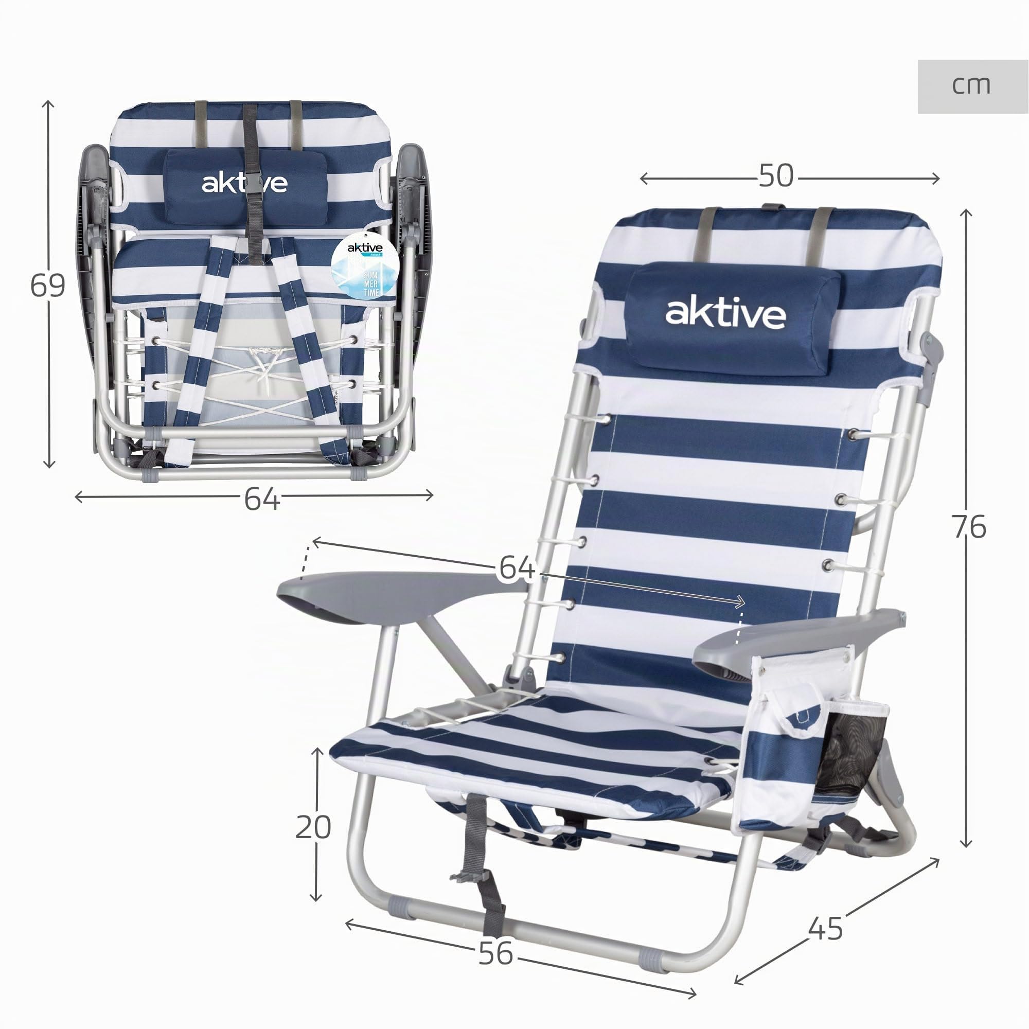 AKTIVE Chaise de Plage Pliante et Inclinable avec 4 Positions Rayures Bleues et Blanches, Dimensions 50X45X76cm, Poids Max 110 kg, Matériau Polyester, Anti-Roulement, Chaises de Plage (62286)
