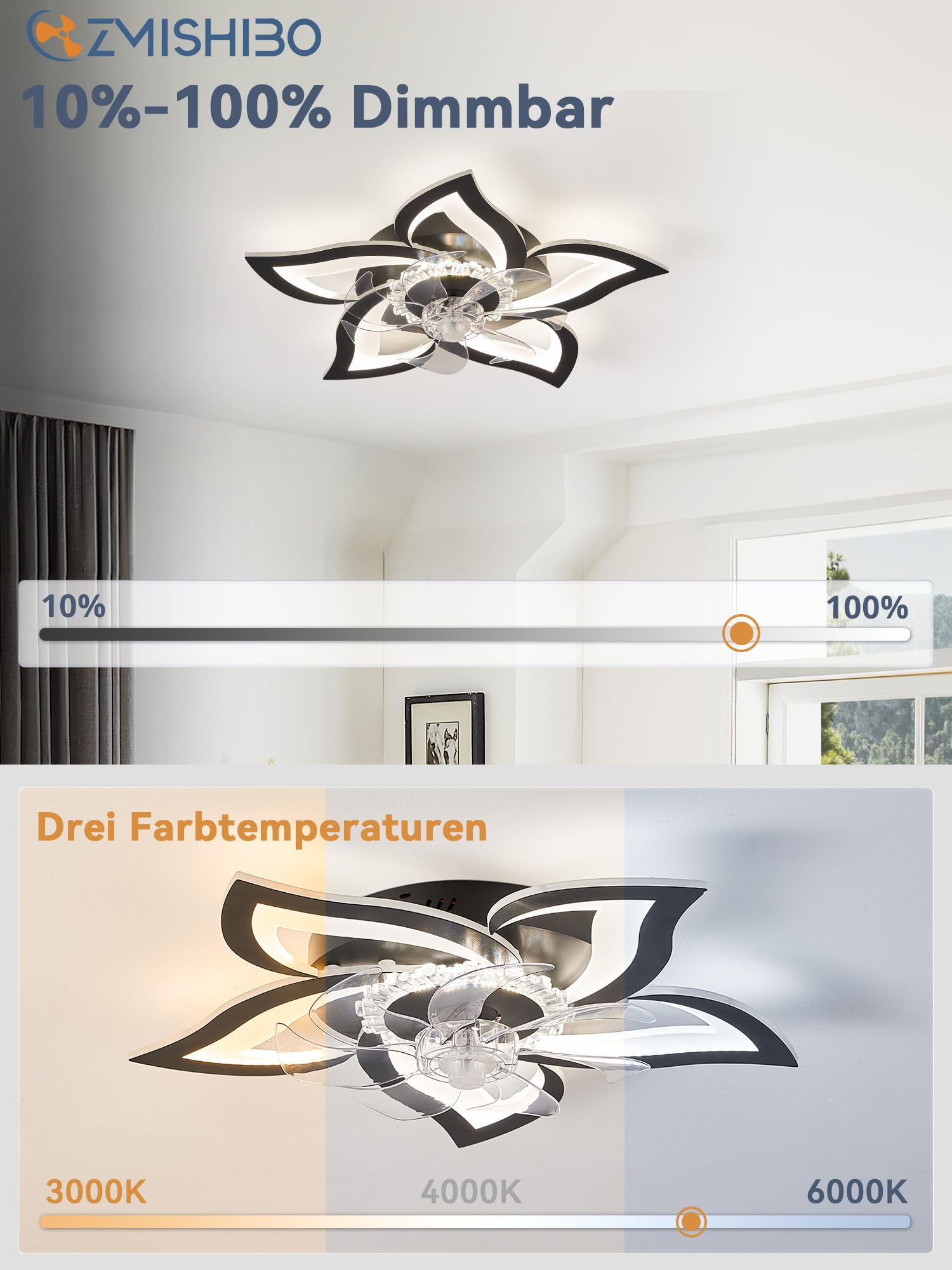 ZMISHIBO Deckenventilator mit Beleuchtung,69cm,Lampe mit Ventilator,DC-Motor,6 Geschwindigkeiten,dimmbare LED,Bluetooth-App,Timer,leise,Blütenform-Design in Schwarz für Schlafzimmer und Wohnzimmer
