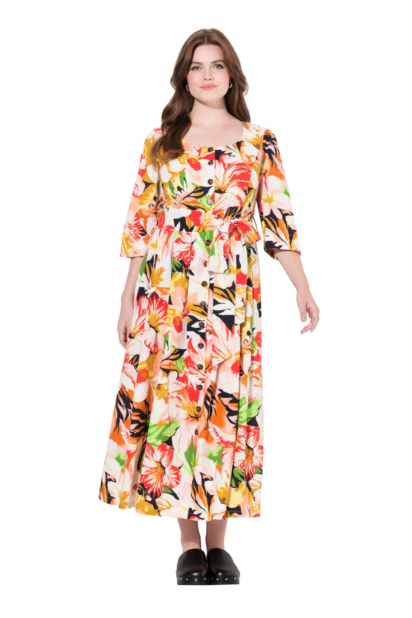 Ulla Popken Damen große Größen Übergrößen Plus Size Maxikleid, Leinenmix, A-Linie, Rundhals, 3/4-Arm 832512