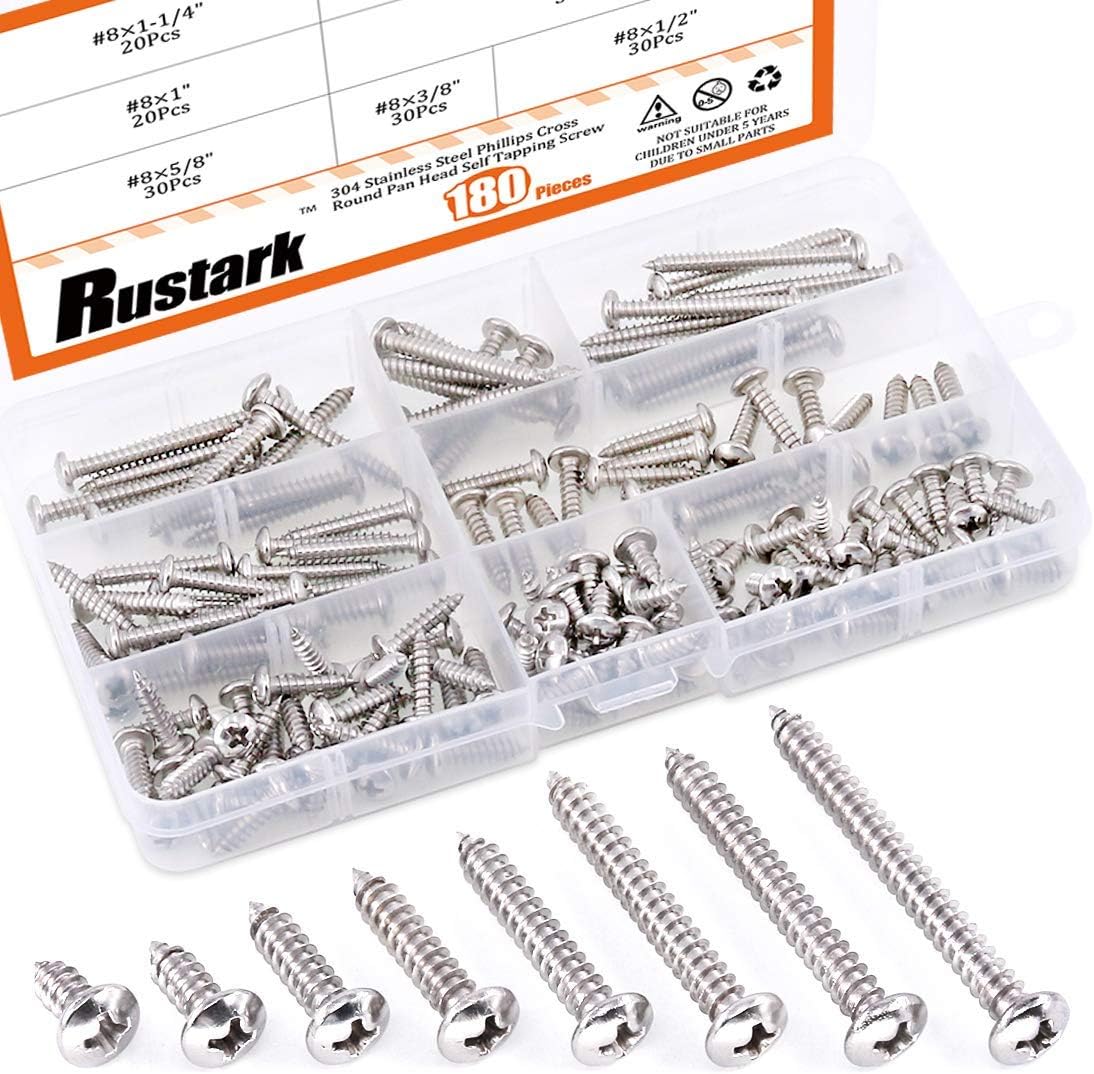 Rustark 180-Pcs [#8 3/8" to 1-1/2"] 304 Stainless Steel Round Pan Head Phillips Cross Wood Screws Self Tapping Drilling Screws Assortment Kit