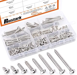 Rustark 180-Pcs [#8 3/8" to 1-1/2"] 304 Stainless Steel Round Pan Head Phillips Cross Wood Screws Self Tapping Drilling Screws Assortment Kit