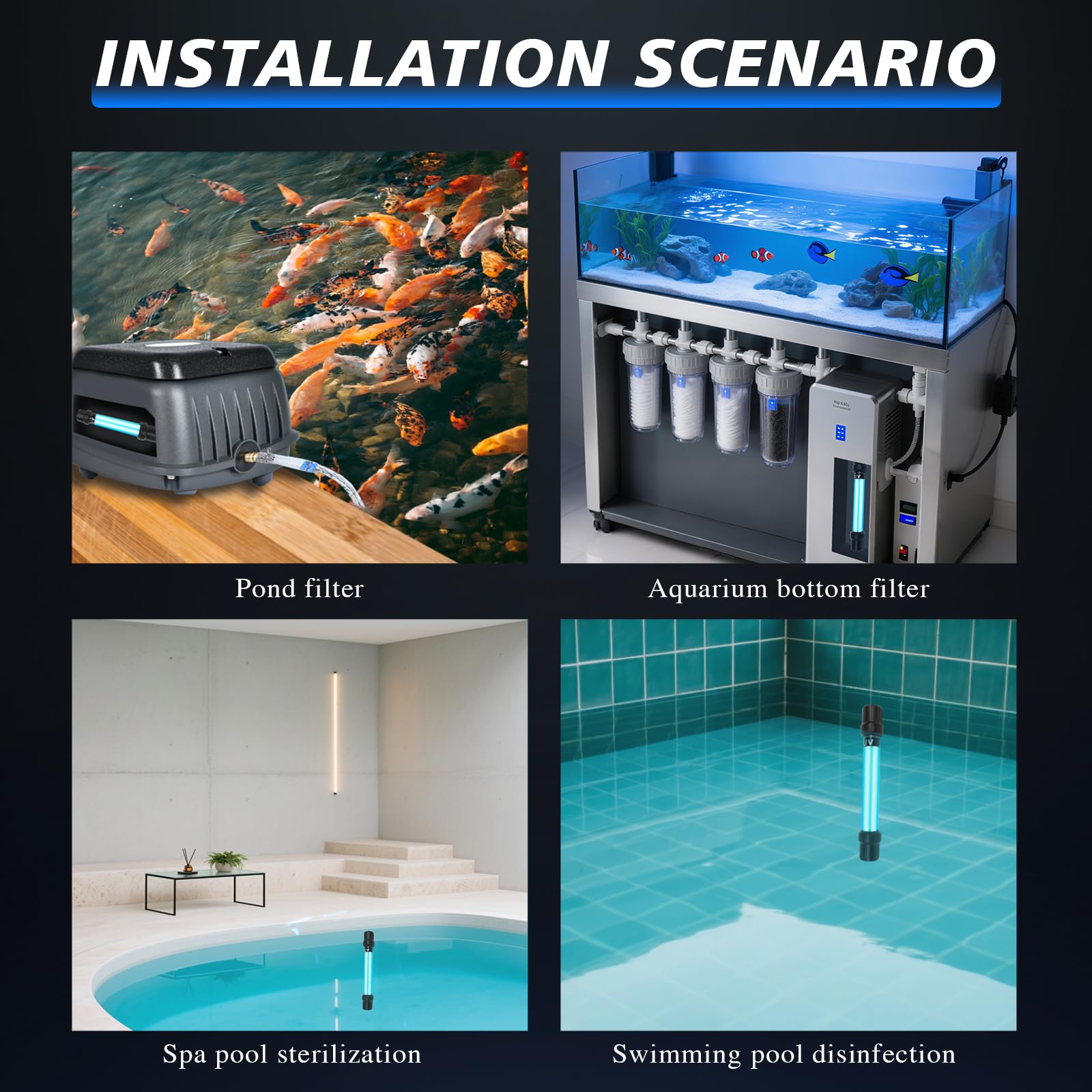 Luz esterilizadora sumergible UV de 20 W para acuario, estanque, inmersión fría, piscina, jacuzzi, lámpara de filtro de agua UV-C sin ozono con vidrio de cuarzo, bloque de gravedad ponderado