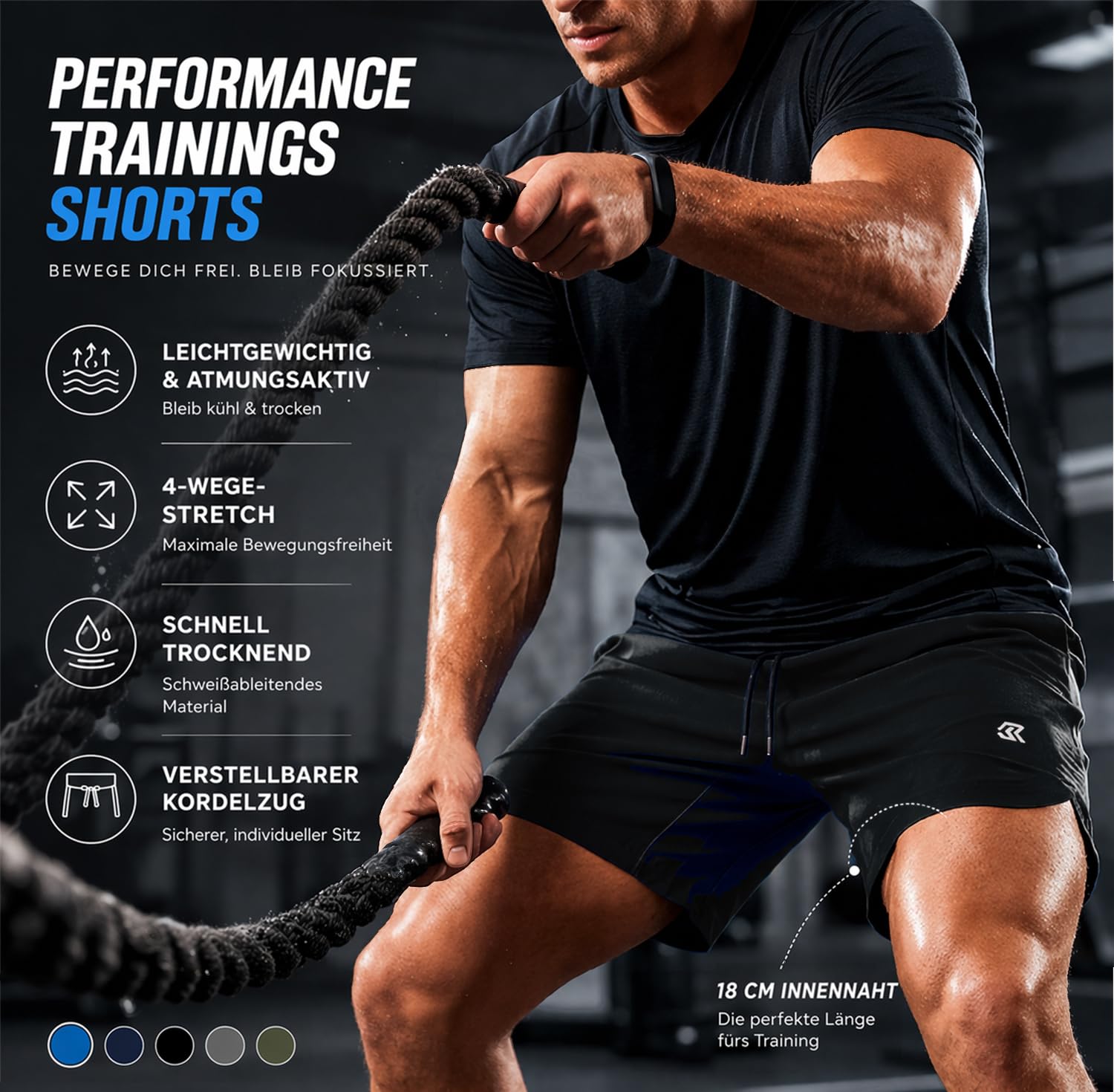 Rane Sports Sporthose Herren Kurz - Gym Shorts für Training & Fitness - Atmungsaktive Laufhose Männer - Schnelltrocknende Workout Hose - Kurze Jogginghose mit Kordelzug