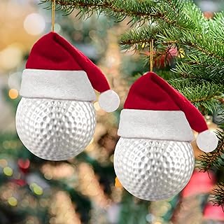 Set of 2 Golf Ornament for Christmas Tree, Glass Golf Christmas Ornaments in Santa Hat, Xmas Hanging Decor Tradition Blown Glass Keepsake Gifts