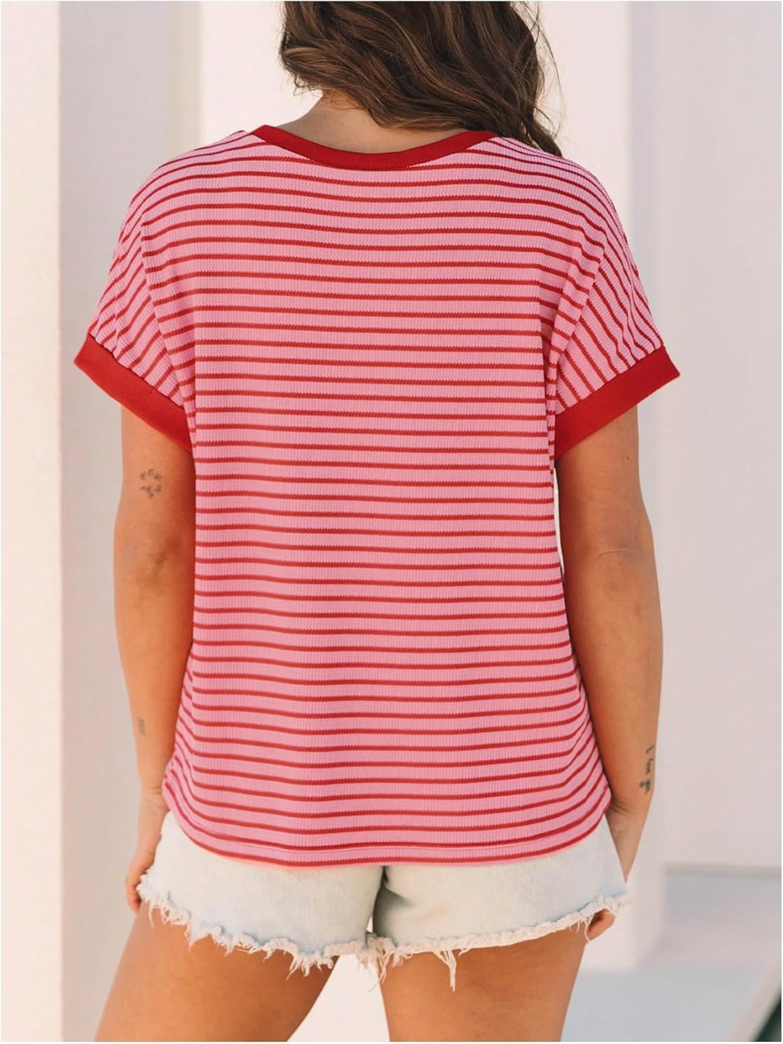 WDIRARA Women's Casual Striped Bat Wing Sleeve Knit T-Shirts Color Block Crew Neck Short Sleeve Tops - Image 2