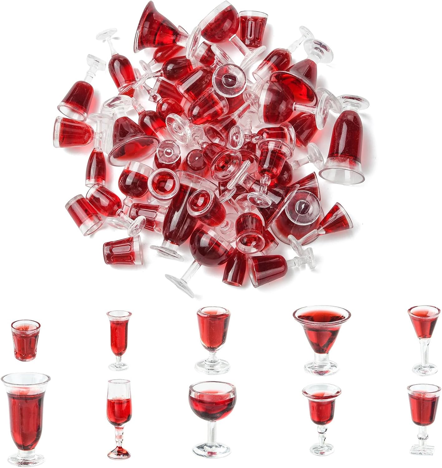 50 pcs Random Red Wine Glasses Acrylic Figurines Mini 3D Goblet Drinks Figurines for DIY Micro Landscape Home Party Table Desk Decor