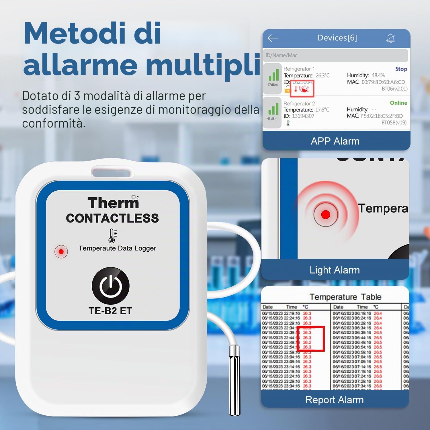 ThermElc TE-B2 ET Registratore di dati di temperatura Bluetooth con sonda esterna, conforme alla norma EN12830, report PDF/CSV, calcolo MKT, registratore di studi clinici wireless riutilizzabile
