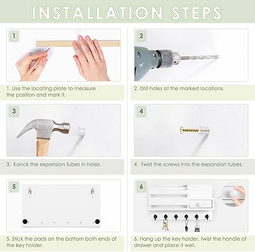 Miniatura 8 de VIS'V Soporte para llaves de pared, soporte de madera blanca para llaves con cajón para montaje en pared, organizador de llaves con 6 ganchos para