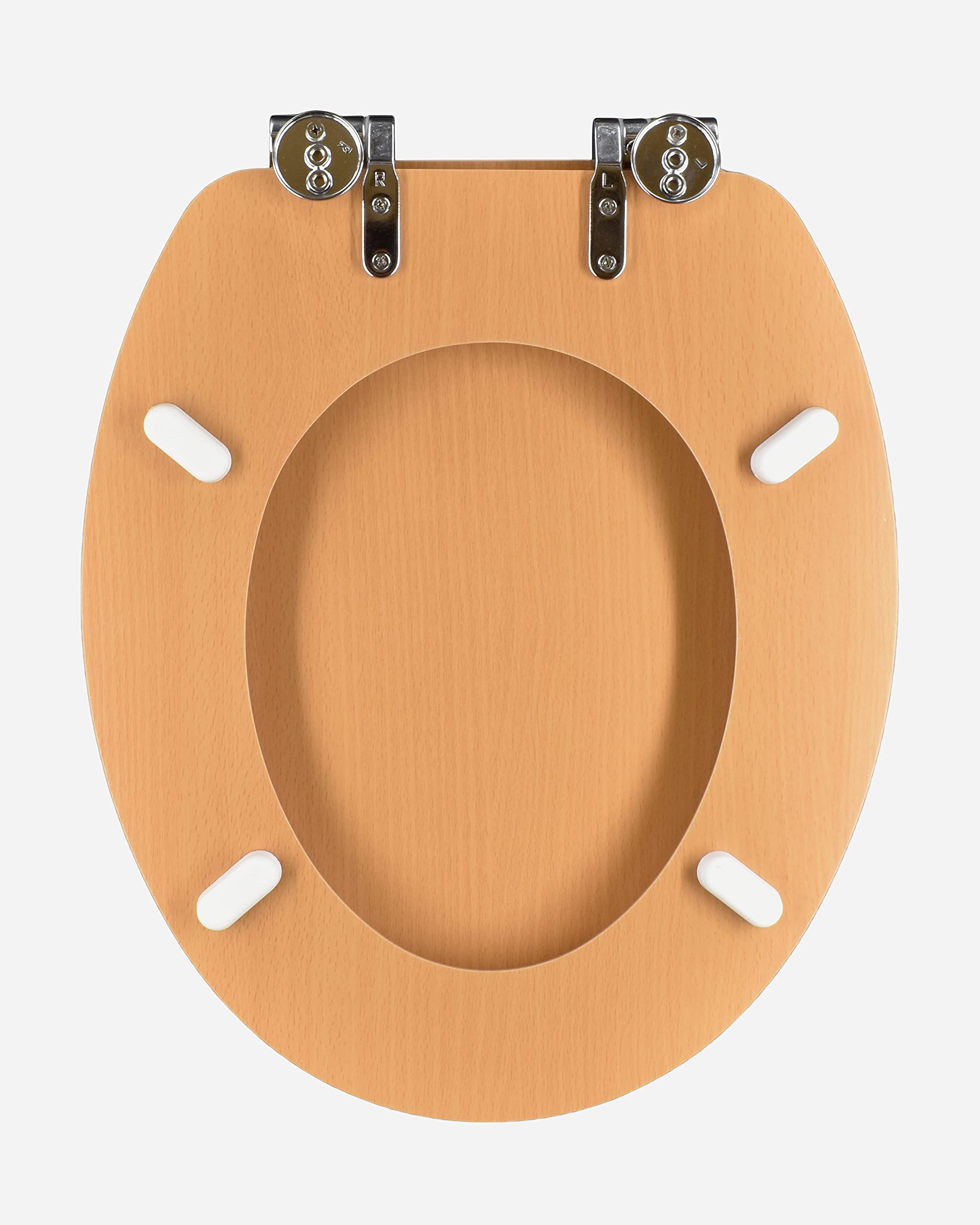 Asiento de inodoro universal de MDF revestido de haya, color haya, con bisagras de cierre amortiguado.