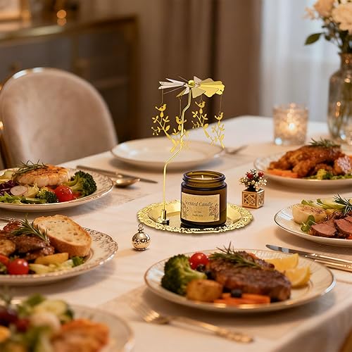Miniatura 7 de Rancco Portavelas giratorio con bandeja, carrusel de velas doradas, portavelas de metal alimentado por calor para centro de mesa, boda, Navidad, día