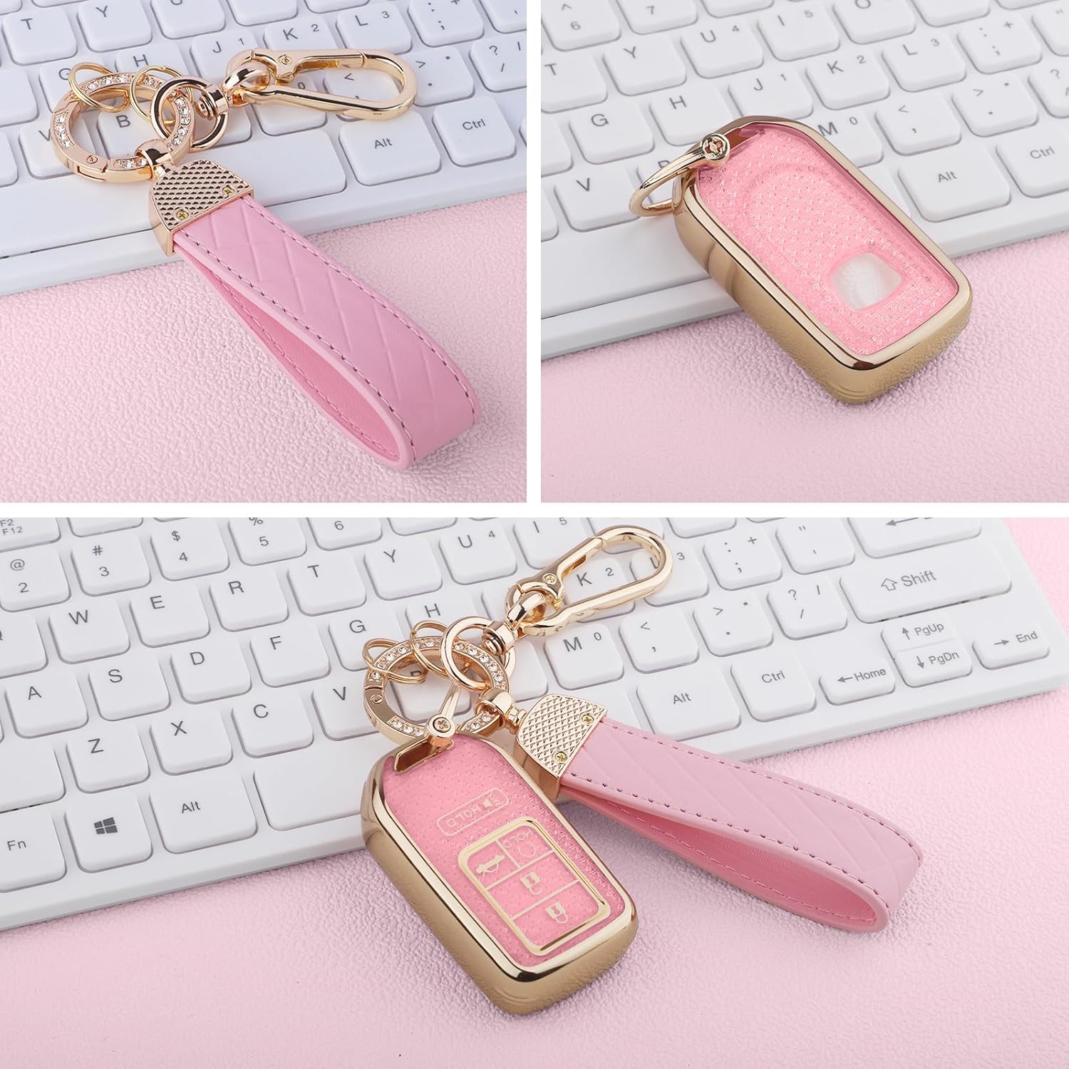 for Honda Key Fob Cover, Soft TPU Keys Protector Bling Key Fob Keychain for 2016-2022 Accord Civic CRV Pilot Odyssey Smart Key Case, Gold Pink