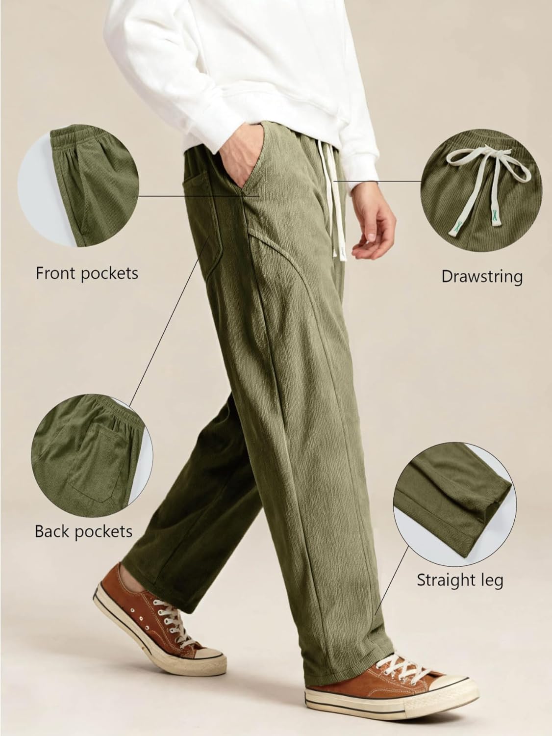 Men's Corduroy Wide Leg Fashion Casual Pants Loose Fit Baggy Straight Sweatpants Elastic Waist Drawstring - Image 4