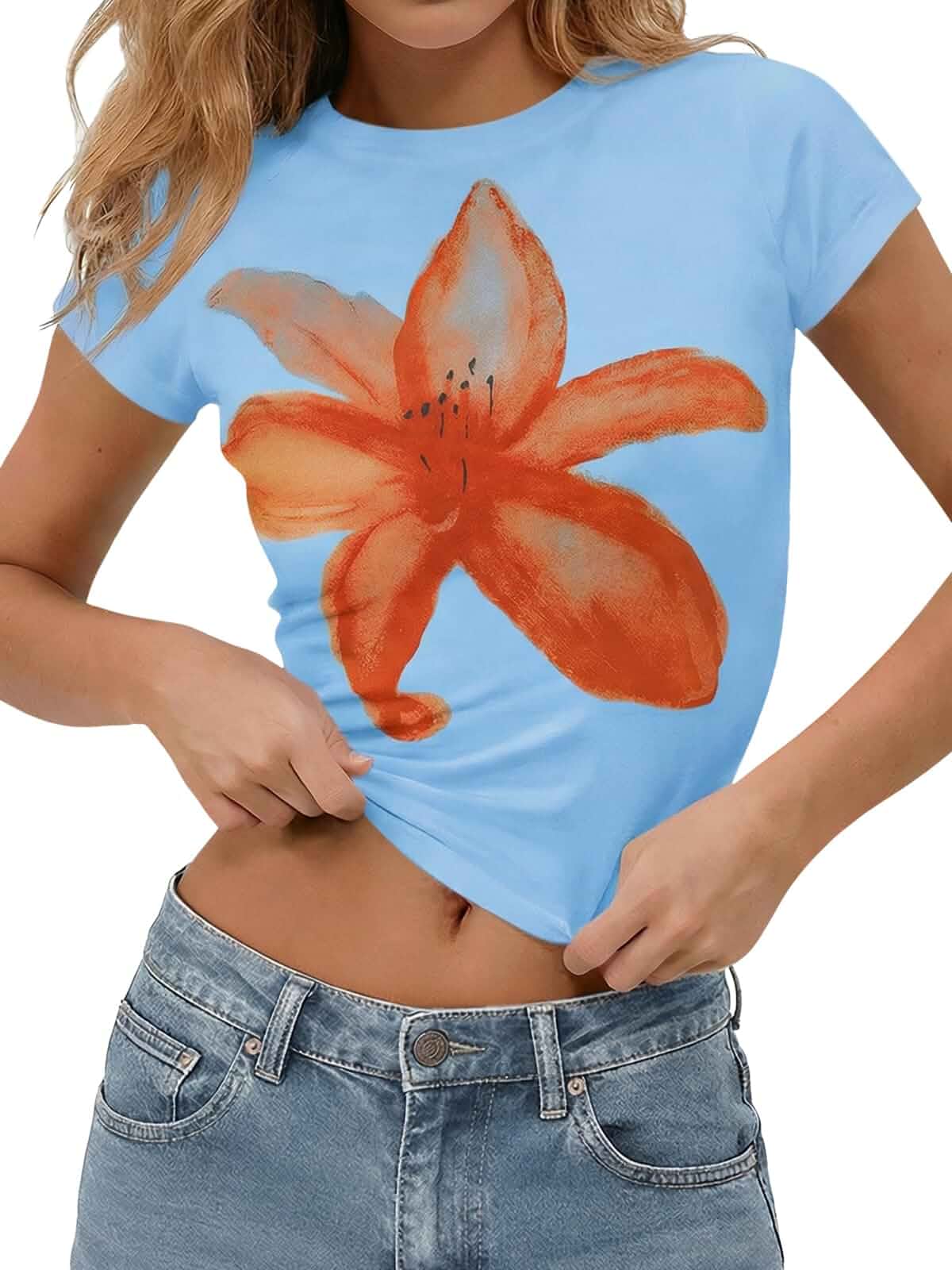 Tankaneo Womens Baby Tee Y2K Tops Summer Short Sleeve Graphic T Shirts Floral Print, Crop Tops, Cotton, Short Sleeve, Slim Fit, Basic Tees