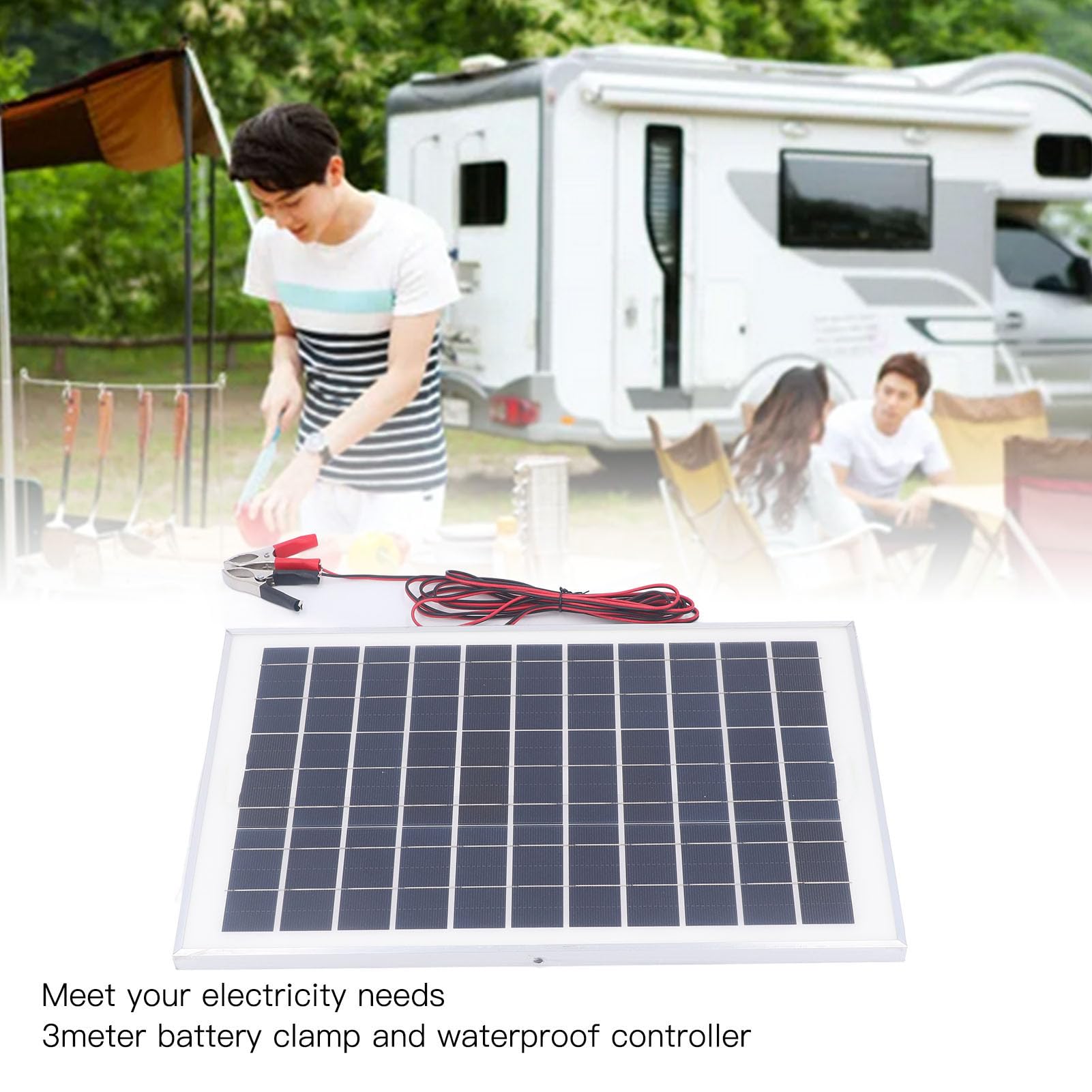 Kit Pannello Solare 50W 18V con Regolatore di Carica Impermeabile MPPT Morsetto Batteria da 3 Metri per Roulotte per Rimorchio per Barca da Esterno