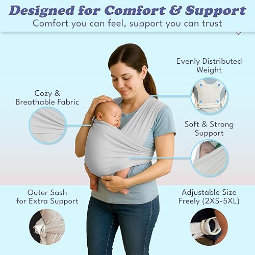 Miniatura 3 de Portabebés Bandolera manos libres para recién nacidos hasta niños pequeños de hasta 50 libras Estilo camiseta, talla única, doble costura, algodón