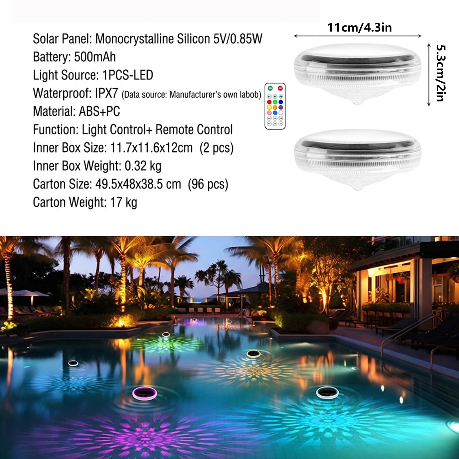 Lot De 2 Lumière Piscine Flottante, Lampe Piscine Rgb Led Avec Télécommande Et 9 Couleurs, Étanche Ip67 Éclairage Solaire De Piscine, Lumière Piscines Solaire Pour Spa, Fontaine, Étang, Jardin