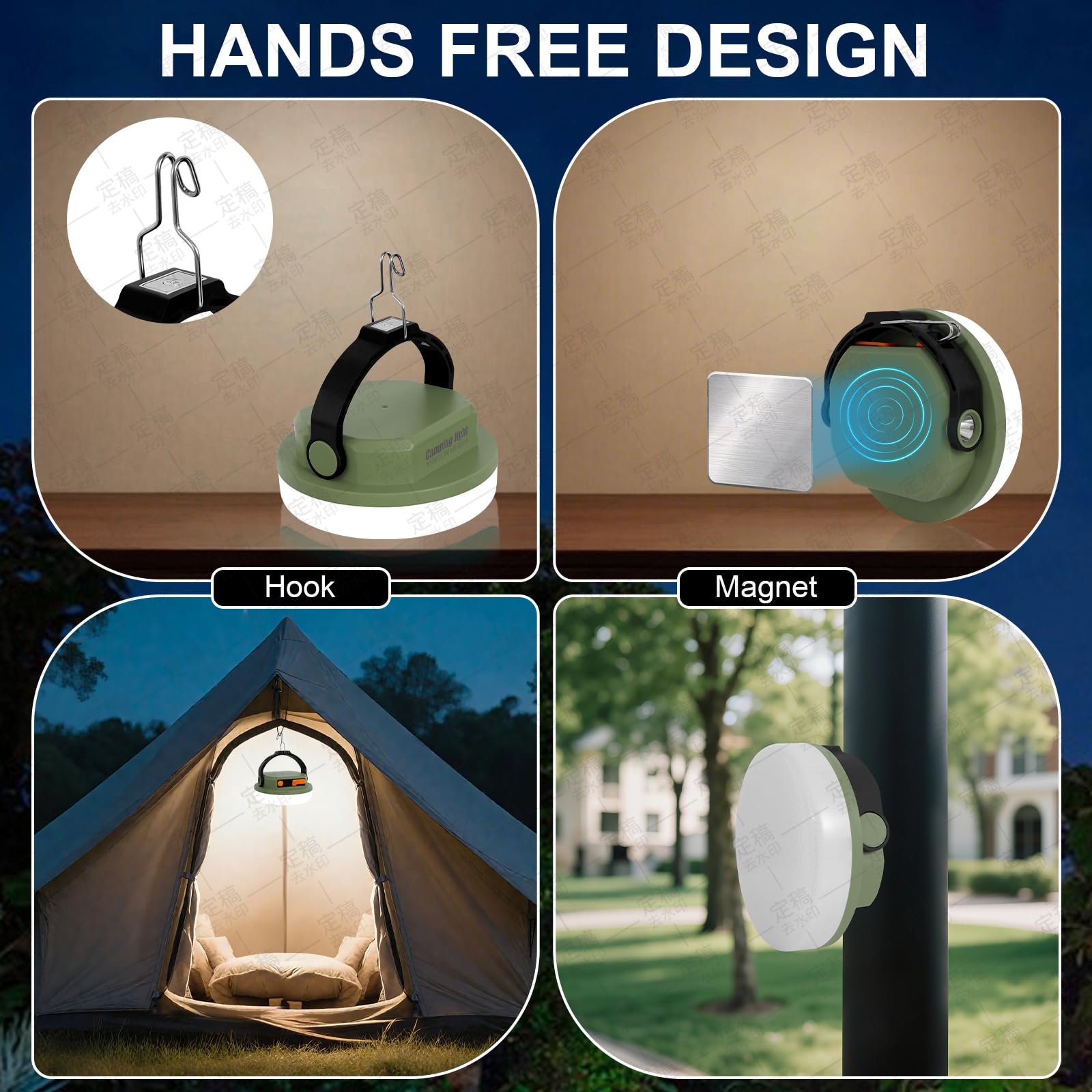 Outdoor Camping Lampe Wiederaufladbare Lampe Tragbare Beleuchtung Lampe Ausgestattet mit 6 Helligkeitseinstellungen, Zeltlampe mit Haken, Geeignet für Stromausfälle, Wandern und Notfälle (Armeegrün)