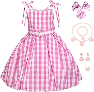 ATIMIGO Girls Pink Plaid Suspenders Dress Movie Cosplay Costumes Halloween Party Outfit for Girls Dress Up with Accessories 7-8 Years