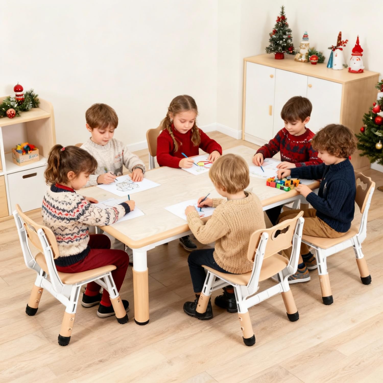 Clevich Mesa Infantil con 6 sillas, Juego de sillas para guarderías y Habitaciones Infantiles, Altura Regulable, Muebles Infantiles de plástico, Grupo de Asientos para niños y niñas, Amarillo