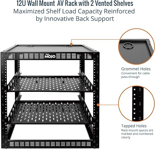 Miniatura 4 de Tecmojo Rack de red de marco abierto de 12U para equipo de TI y AV, rack AV de pie o montado en la pared, con 2 estantes de rack 1U y hardware de