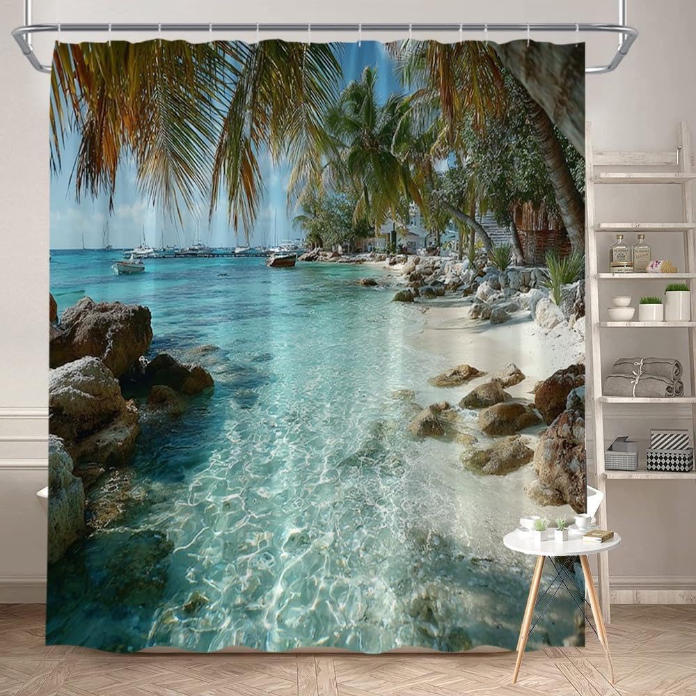 GLWDMB 1 Piece 150x180CM Tropical Beach Scene Printed Shower Curtain With Hook, Polyester, for Windows And Walls, Bathtub, Bathroom, Machine Washable, All Season Universal