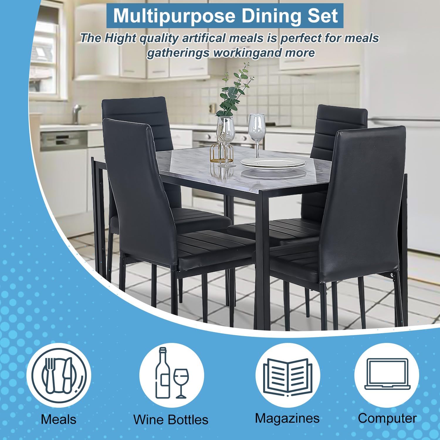 PayLessHere Dining Table and Chairs Set, Modern Rectangular Marble Table top with 4 Chairs PU Leather for Dining Room and Kitchen, White Marble