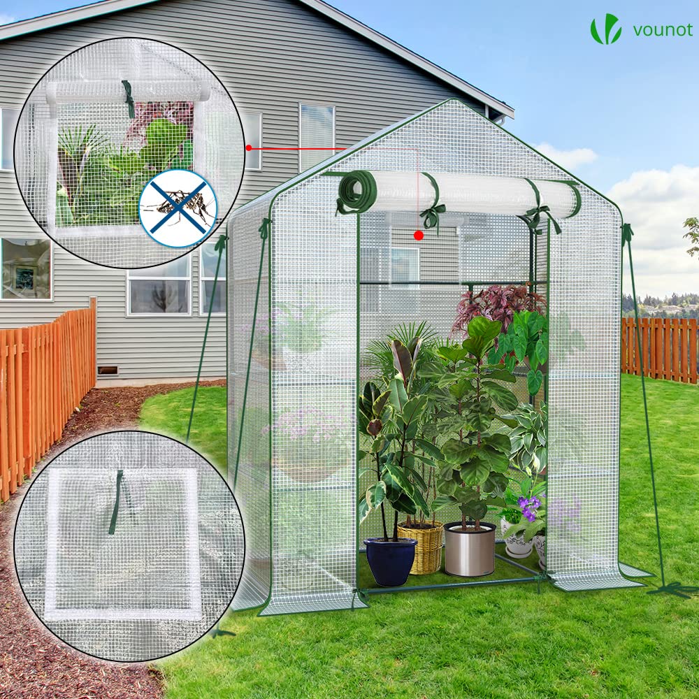 VOUNOT® Gewächshaus Foliengewächshaus, begehbares Gartenhäuschen mit 4 Regalebenen, Tomatenhaus Tomatengewächshaus, Weiß 143x73x195cm