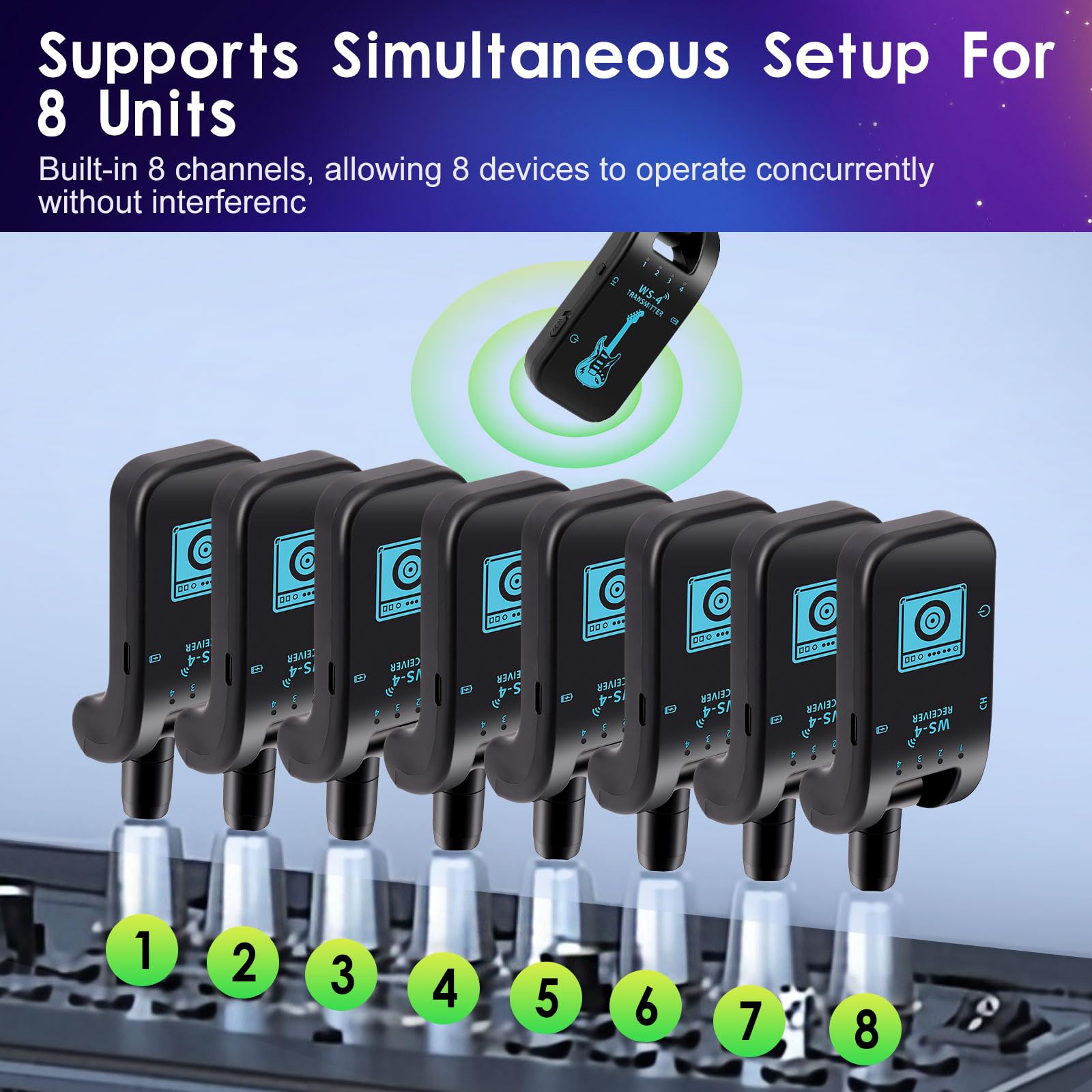 Système de guitare sans fil 2,4 GHz 8 canaux rechargeable audio sans fil émetteur récepteur pour guitare électrique, basse et instruments à vent électriques