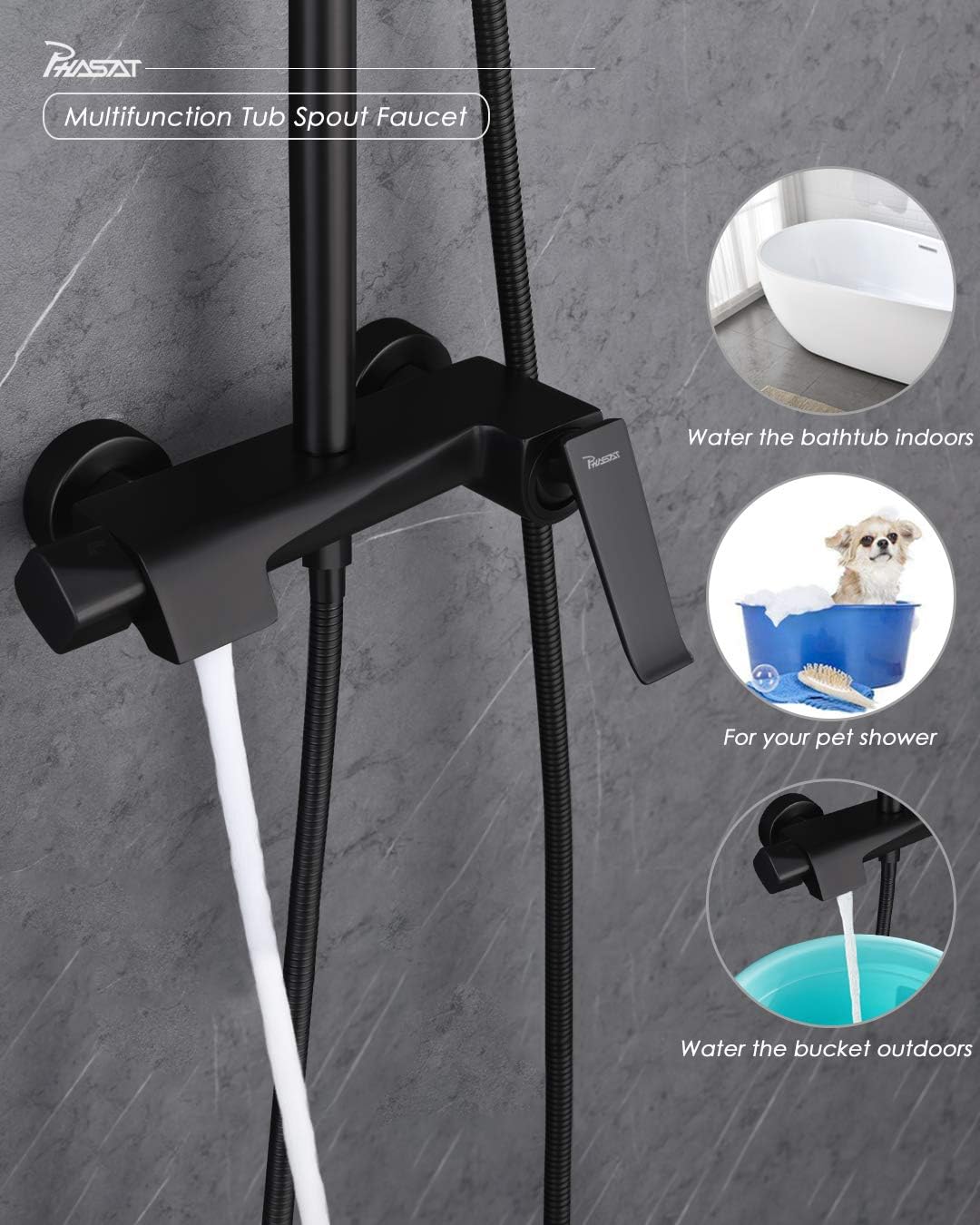 Promo 40% OFF Outdoor Shower Fixtures Stainless Steel Brass Bathroom Faucet Set with Rainfall Showerhead,Handheld Shower,Wall Mount Adjustable Shower Bar 3 Function Matte Black,CT8727,PHASAT