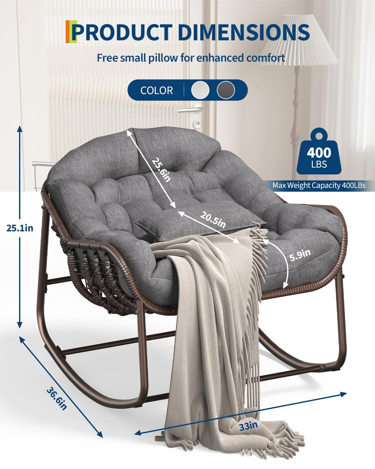 Papasan Schaukelstuhl Übergröße für Garten & Balkon – Rattan Ei-Design, Dicke Polsterung, Metallrahmen – Bequemer Outdoor & Indoor Lounge Sessel für Terrasse, Wohnzimmer, Schlafzimmer –
