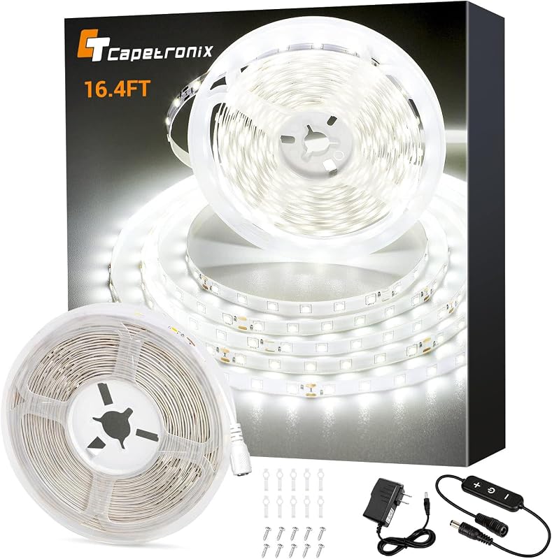 Tira de luz LED blanca, 16.4 pies Tira de luz LED de 24 voltios blanca, 6000K-6500K Luz de cinta LED súper brillante para dormitorio, cocina, armario, gabinete, espejo, interior(atenuador incluido)