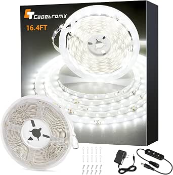 CT CAPETRONIX White LED Strip Light, 16.4 Feet 24 Volt LED Light Strip White, 6000K-6500K Daylight Super Bright LED Tape Light for Bedroom, Kitchen, Closet, Cabinet, Mirror, Indoor(Dimmer Included)