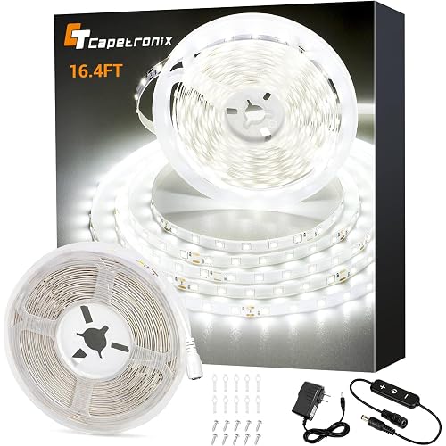 CT CAPETRONIX White LED Strip Light, 16.4 Feet 24 Volt LED Light Strip White, 6000K-6500K Daylight Super Bright LED Tape Light for Bedroom, Kitchen, Closet, Cabinet, Mirror, Indoor（Dimmer Included）