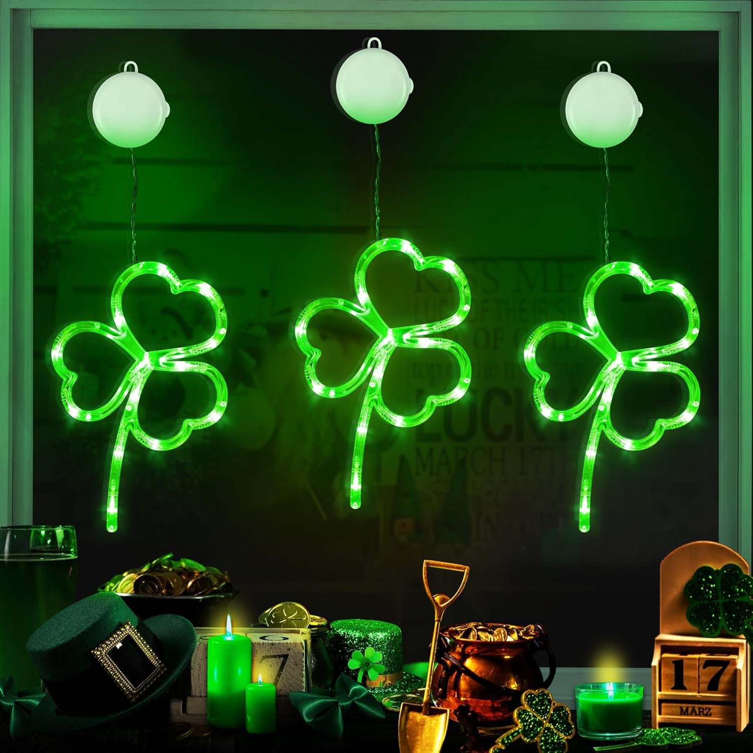Photo 1 of [Timer] 3 Pack St Patricks Day Decorations Shamrocks Window Lights Battery Operated, Green St. Patrick's Day Lights Saint Patricks Day Decor Window Silhouette Lights for Home Party Door Indoor Outdoor