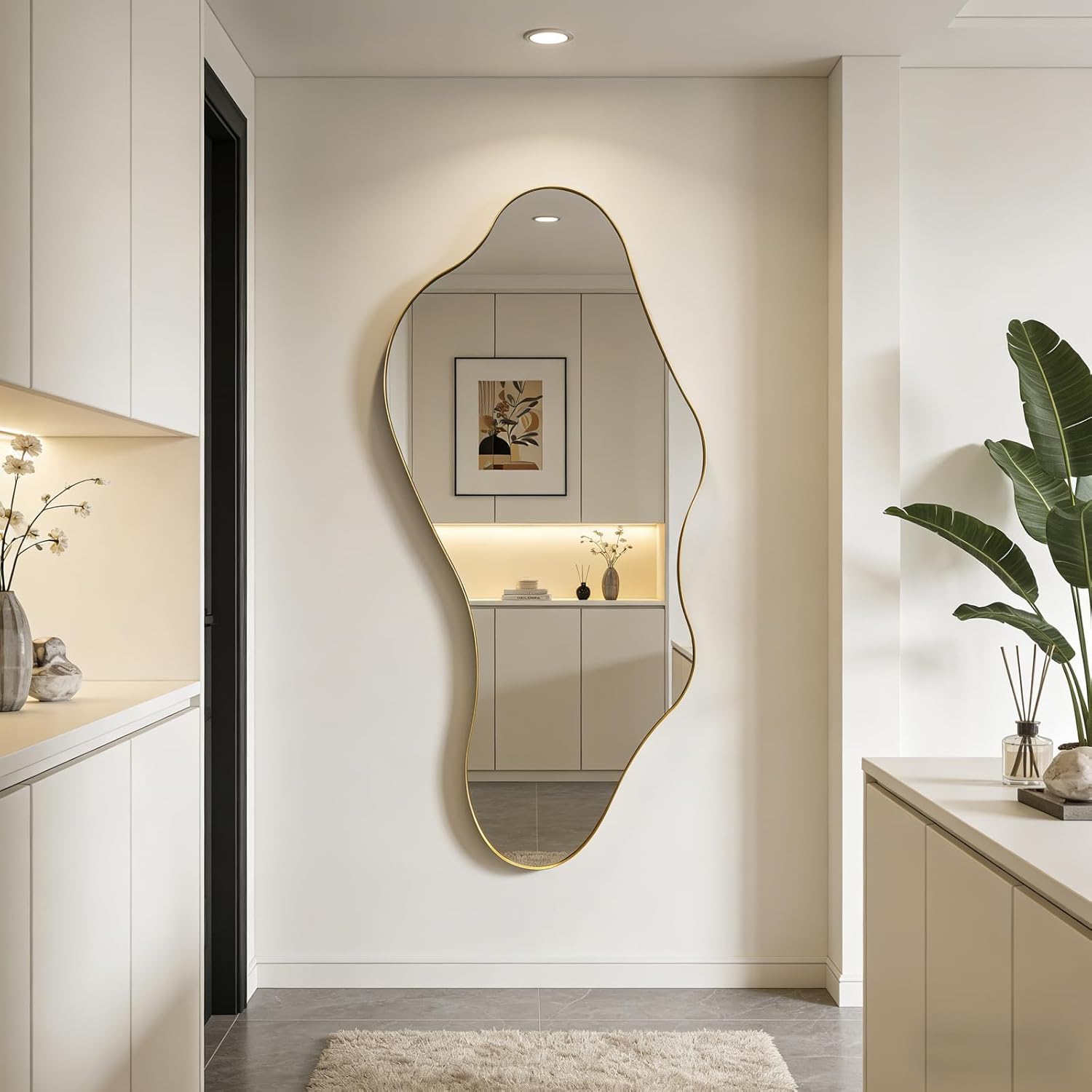 Large Irregular Mirror, 63"x30" Asymmetrical Aesthetic Wall Mirror with Gold Metal Frame, Organic Shaped Mirrors for Living Room Bedroom Hallway Entryway, Horizontal or Vertical Hanging