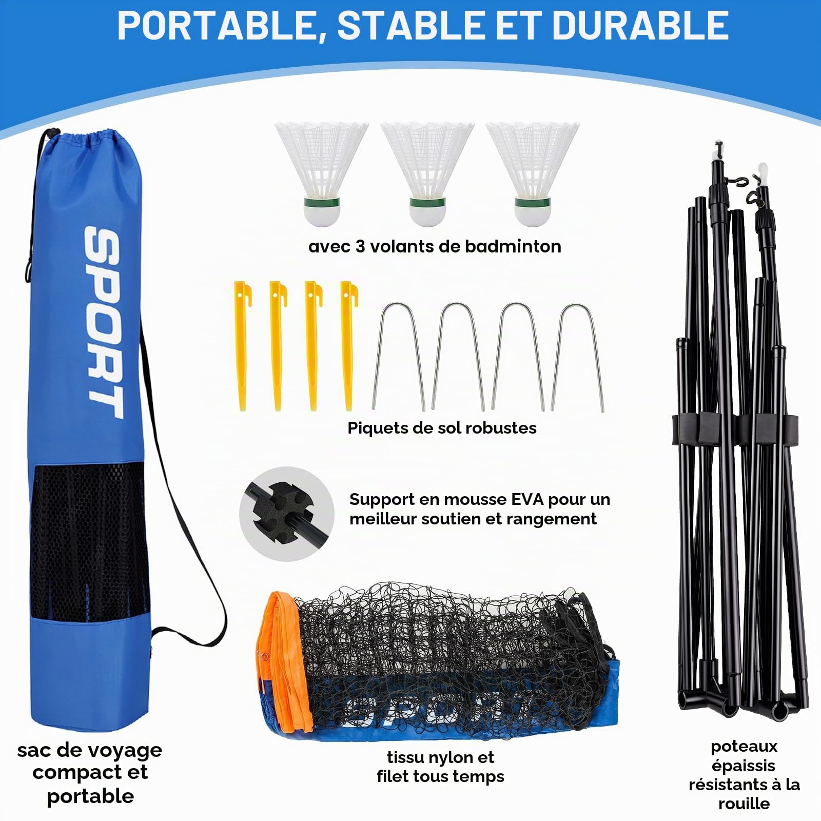 Filet de Badminton, 4m/5m Filet Portable pour Volley-Ball, Pickleball, Tennis, Football, Hauteur Réglable, Filet en Nylon Pliable, avec Sac de Transport, Cadre métallique
