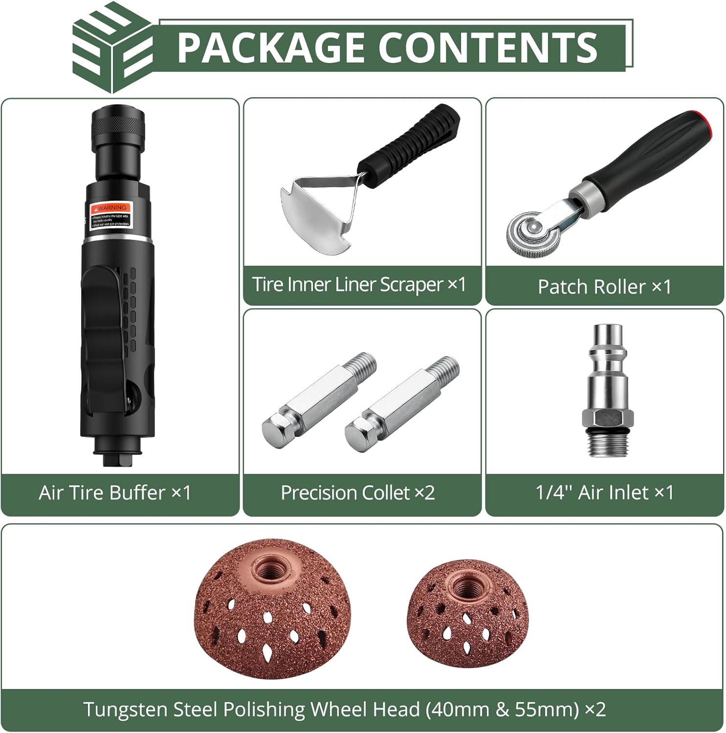 EYPINS Air Tire Buffer Full Kit - 2500RPM Air Tire Grinder with 40mm 55mm Tungsten Steel Buffing Wheel Head, Tire Inner Linner Scrapper, Patch Roller, Quiet Pneumatic Tire Repair Tools for Garage
