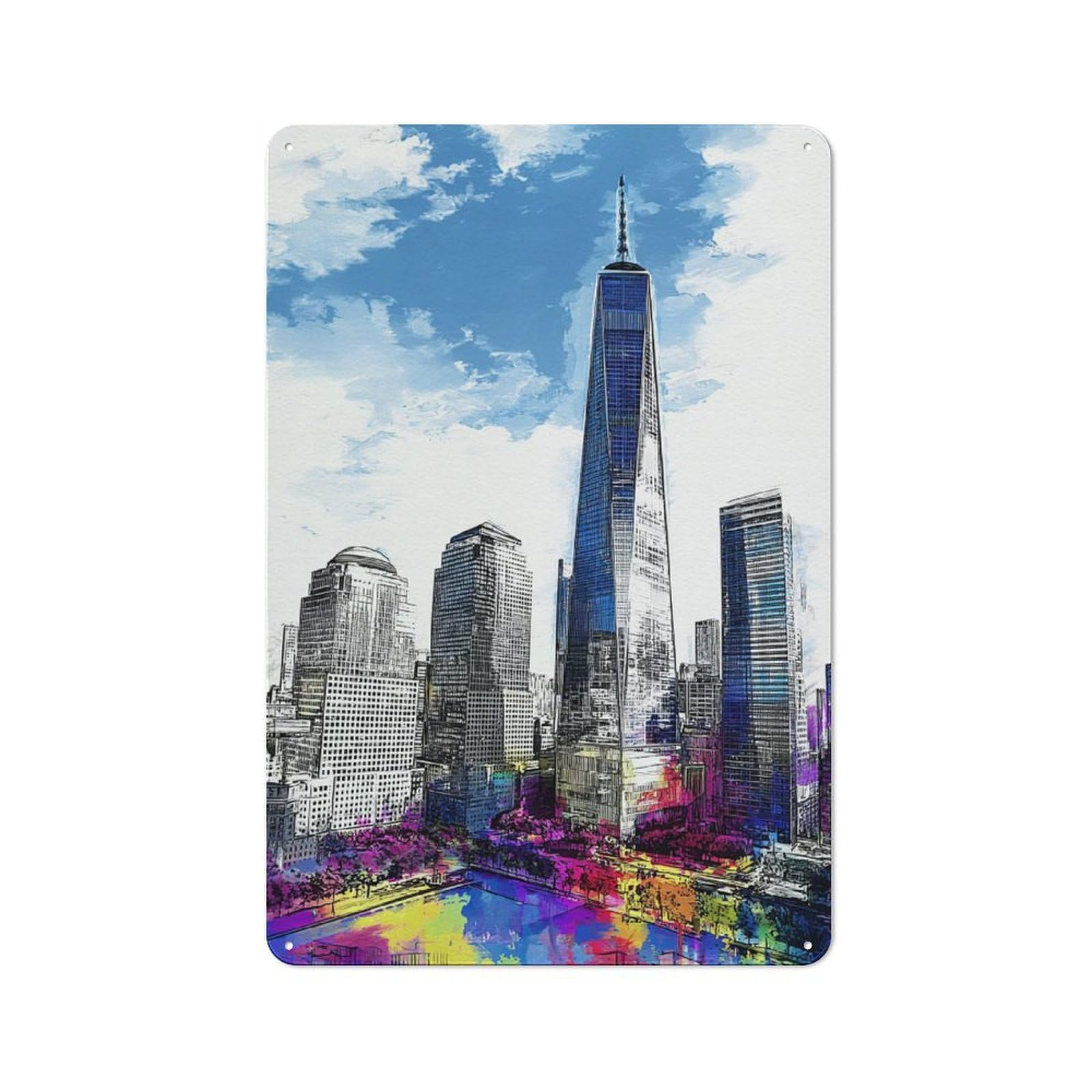 Junmoney Modern Cityscape With Tall Building Metal Wall Plaque With Design 30X20cm, Old Fashioned Vintage Wall Decor For Living Room, Hallway, Kitchen Or Cafe