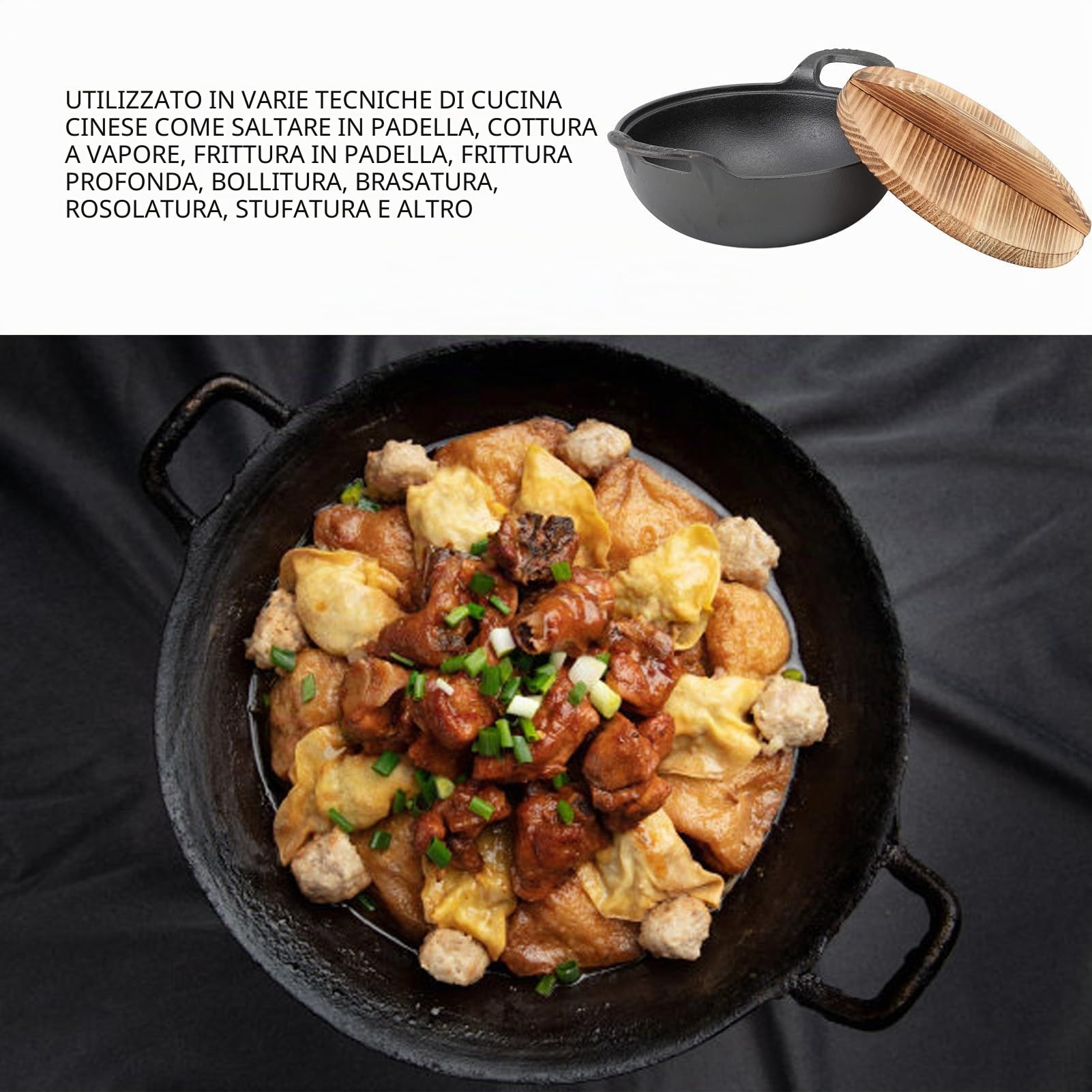 Padella wok con coperchio, in ghisa, con 2 manici, coperchio in legno con base piatta non rivestita per mescolare friggere grill a vapore autentico cibo asiatico cinese (25 cm)