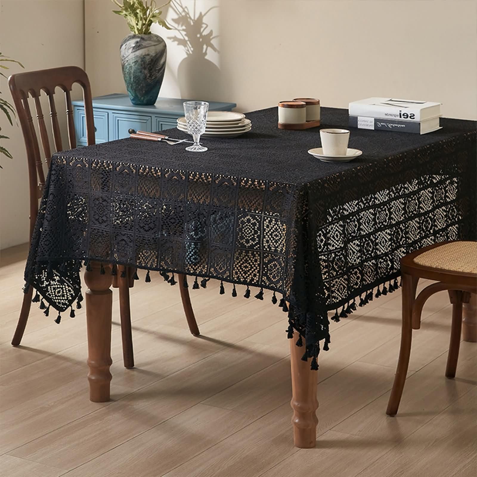 Fabric Tablecloths, Lace Tassel Oblong Table Cloth for Dining, Kitchen, Parties, Black-Rectangle | 150x260cm