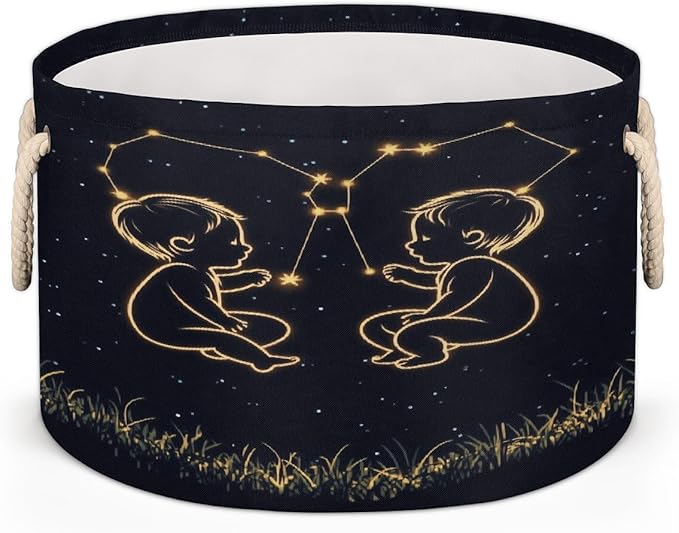 Zodic Sign Gemini Starry Sky Round Storage Basket for Laundry & Toys, Lightweight Fabric Laundry Hamper with Handles, Foldable Large Organizer Bin for Bedroom Bathroom Nursery Dorm