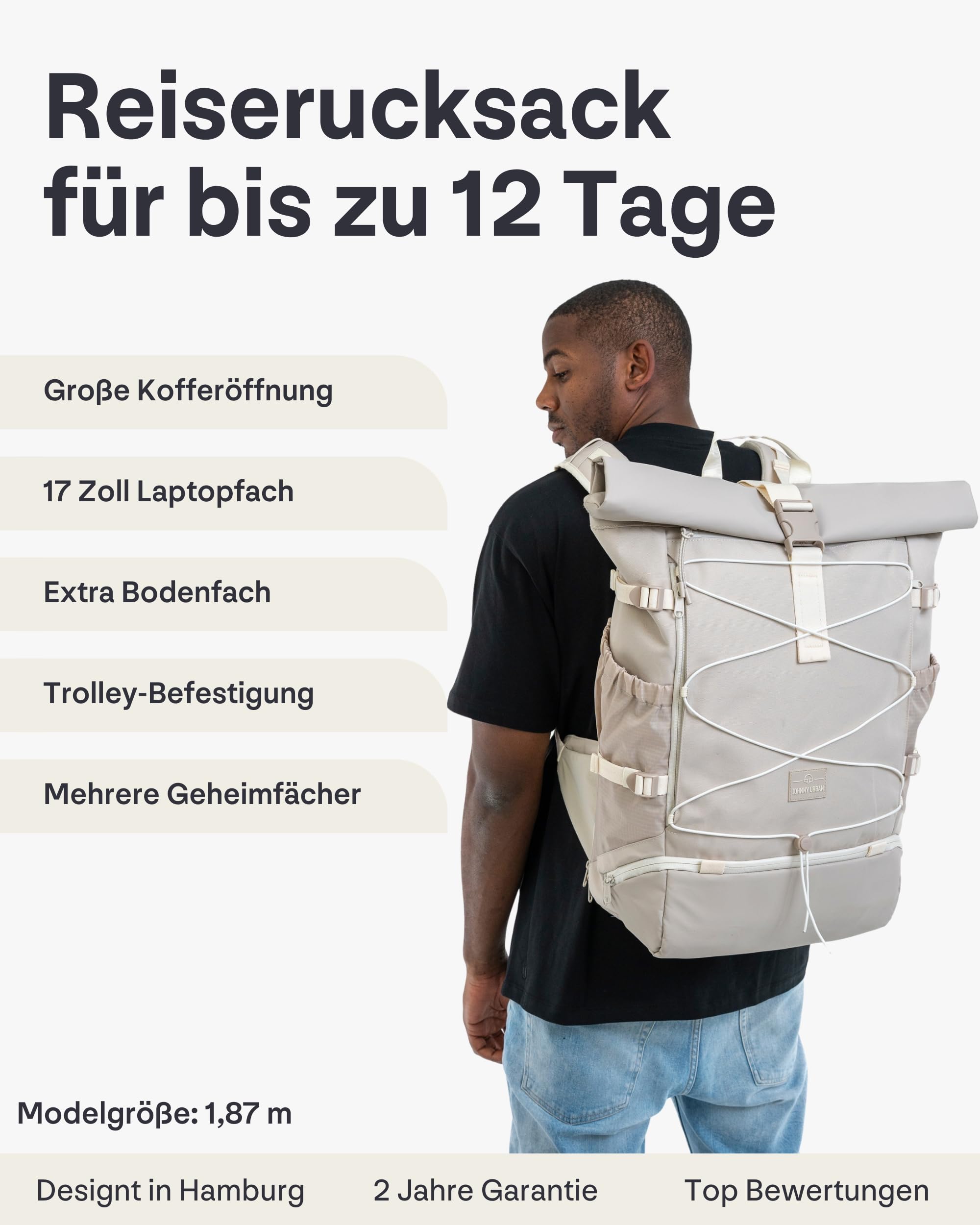 Johnny Urban Reiserucksack Damen & Herren - Allen Travel L - 37L Rolltop Rucksack Groß Handgepäck - Idealer Backpack für Reisen Ausflüge Trips - Wasserabweisend