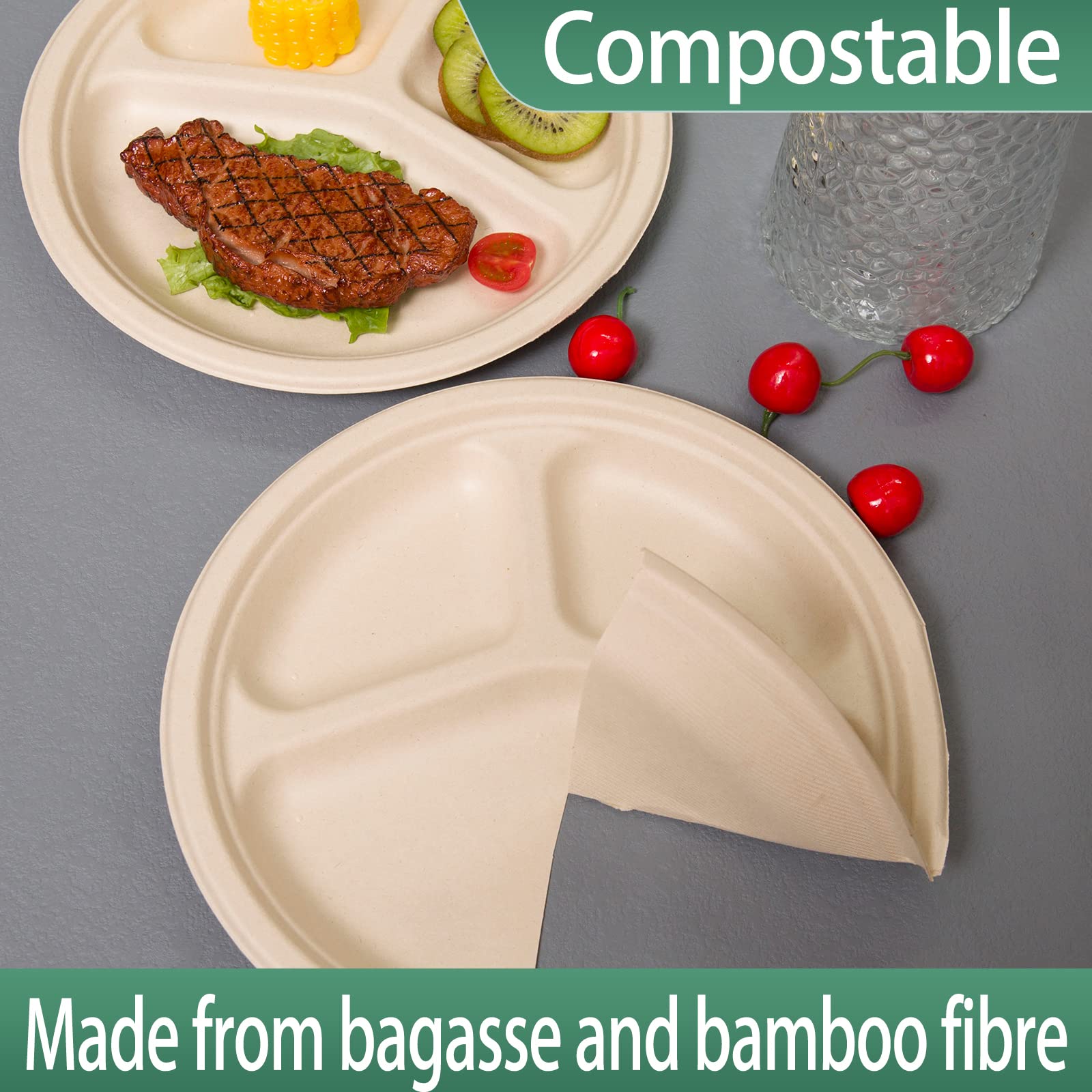 Plato redondo compostable natural de 10 pulgadas, 150 unidades, 10 pulgadas, 150 unidades, 3 secciones