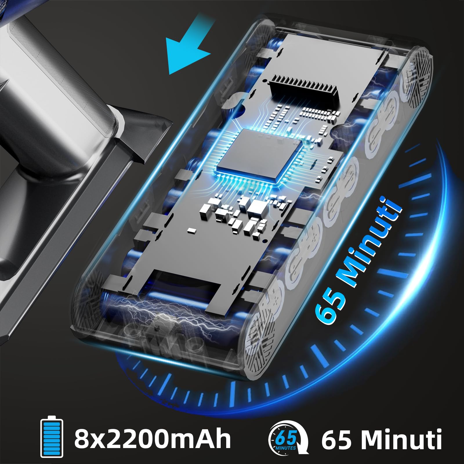 Hearten Aspirapolvere Senza Fili, 70000Pa/ 600W/ 65min/ 1,8L, 4 Livelli Potenza, Display LED Colorato, Rilevamento Polvere, Flessibile Incluso, Filtrazione 8 Livelli, Peli Animali, Pavimenti Duri,Auto