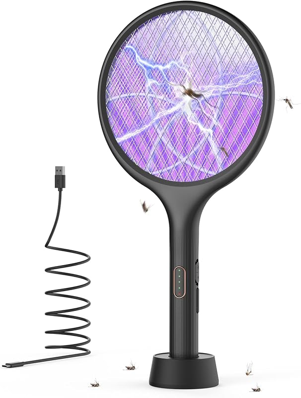 YISSVIC Matamoscas eléctrico 4000V Raqueta exterminadora de insectos modo dual (2, negro) | Modo manual automático, luz atrayente púrpura, recargable, uso en interiores y exteriores para acampar en el hogar