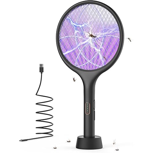 YISSVIC Electric Fly Swatter Bug Zapper Racket Dual Modes Mosquito Killer with Purple Mosquito Light Rechargeable for Indoor Home Office Backyard Patio Camping (Black 2 Pack)