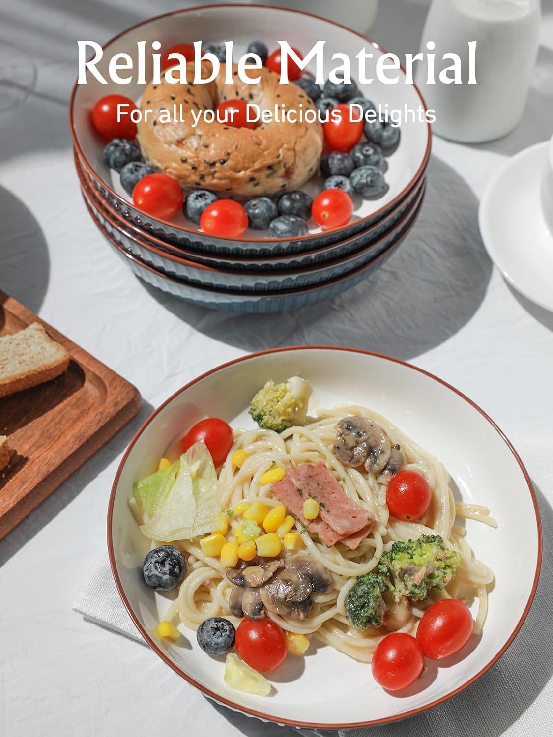 8" Large Pasta Bowls：24 oz Ceramic Bowl Plates Set of 4：Microwave Dishwasher Safe Shallow Dinner Bowls - Kitchen/Party/Home Daily Use/Restaurant - Gifts for Newlyweds/Households, 4 Grey